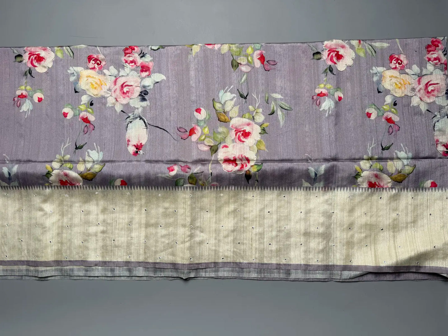 Lavender Bird Print Saree with Mirror Work & Temple Border