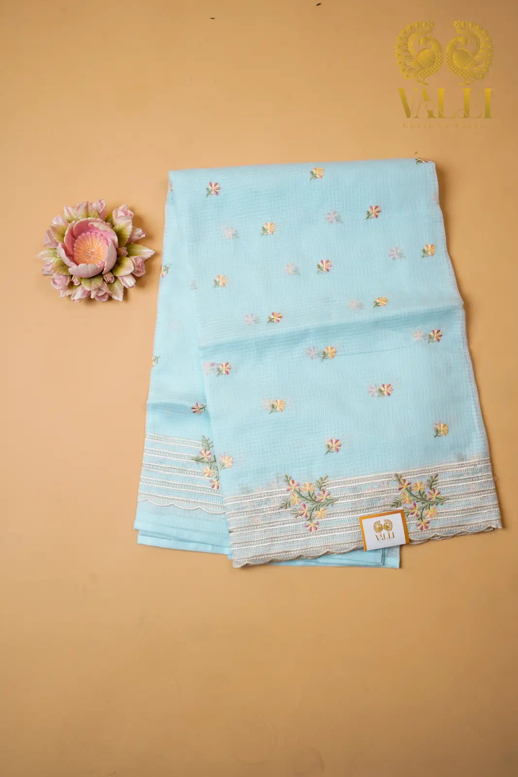 Powder Blue Kota Embroidery Saree with Scallop Border