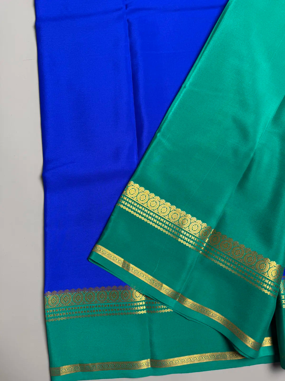 Royal Blue pure Mysore Crepe Silk Saree with Green Contrast