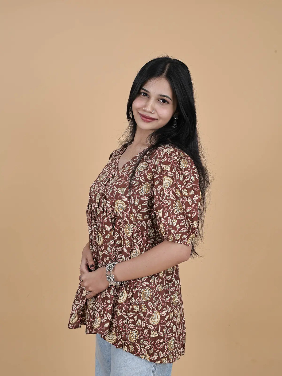 Brown Kalamkari Short Top Kurti