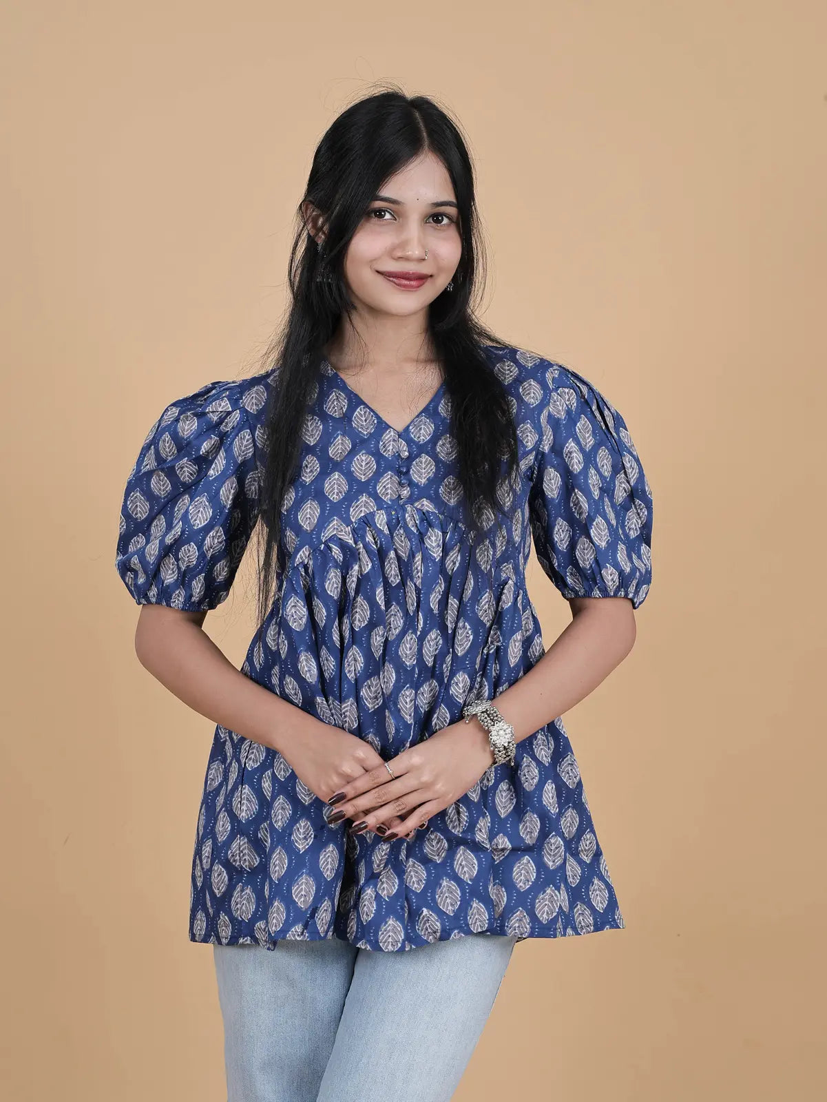 Short top, Kurti blue block print