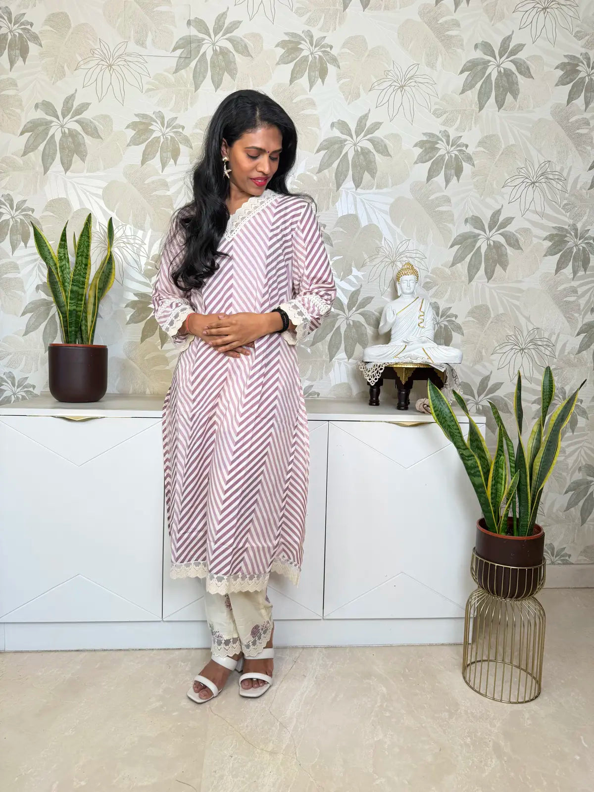 Off-White and Lavender Salwar Set with Stripe and Floral Design