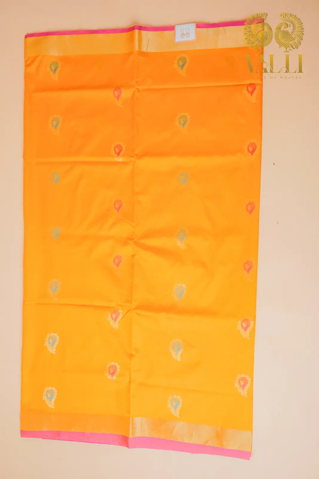 Motif Soft Silk Saree – Mustard Yellow with Contrast Pallu & Pink Blouse