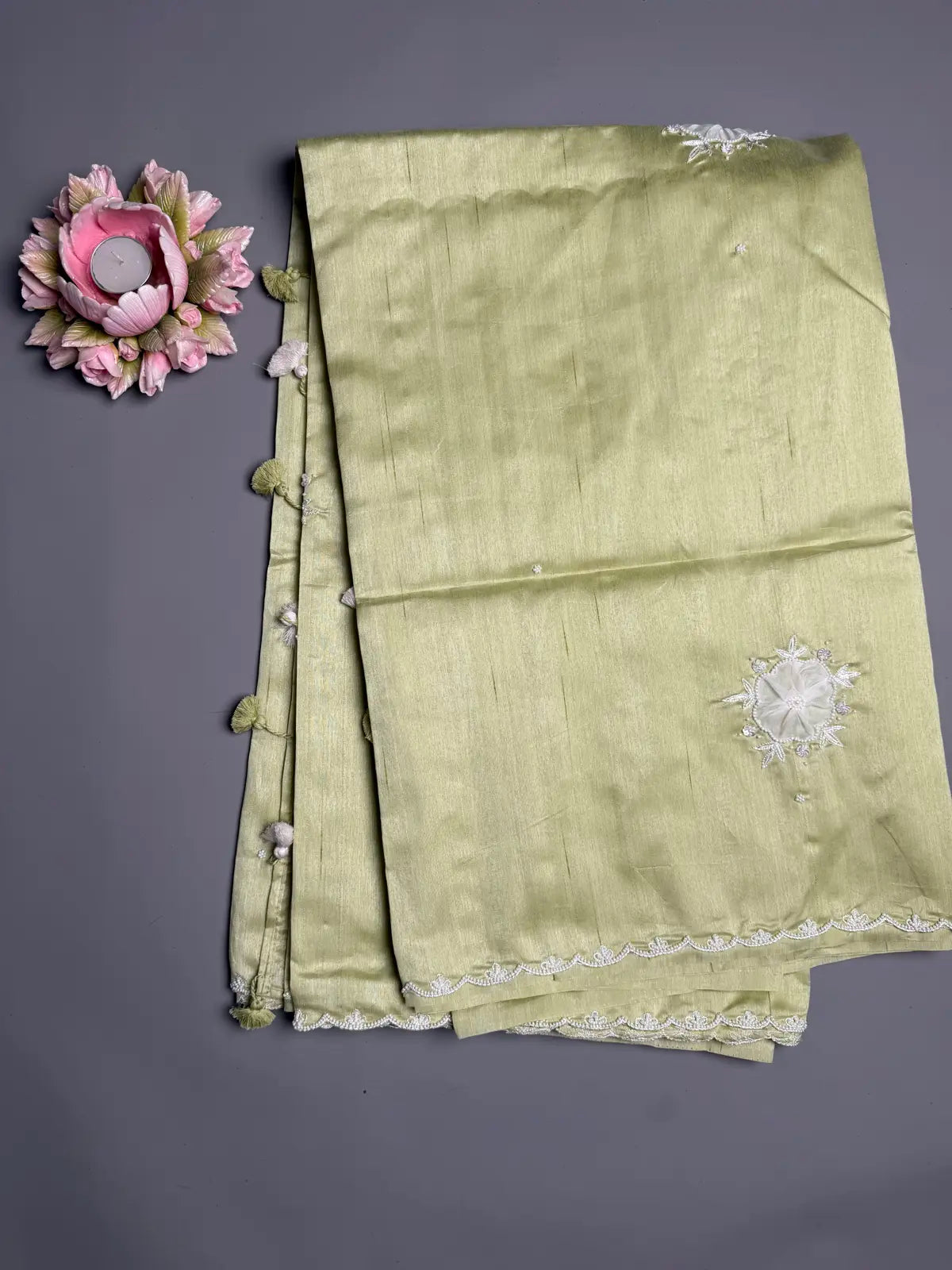 Green Apple Tussar Silk Saree with Appliqué Lace & Pearl Scallop Detailing