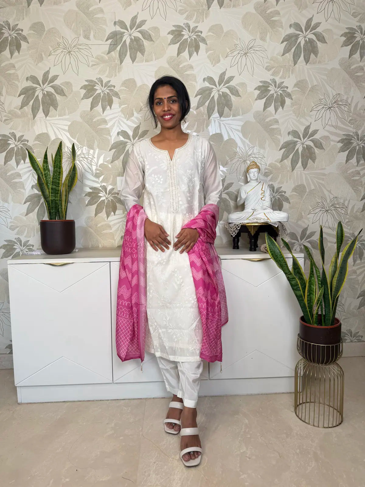 White Embroidered Salwar Set with Pink Shibori Dupatta