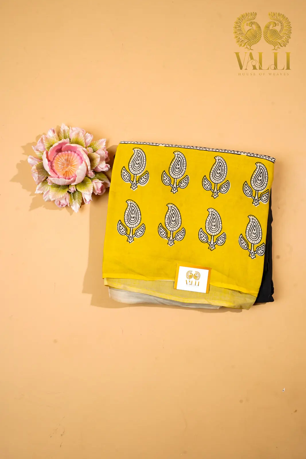 Black Modal Saree – Green Mango Motif Border with Beige Printed Blouse