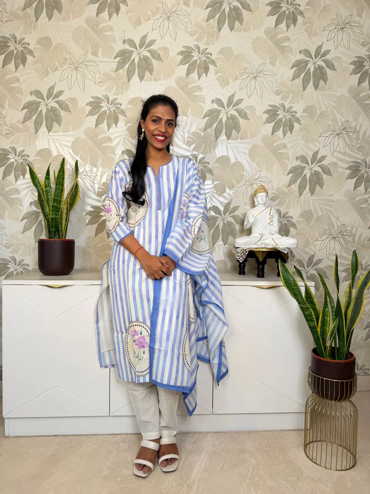 Off-White Cotton Salwar Set with Lavender Stripes and Floral Patch Motifs