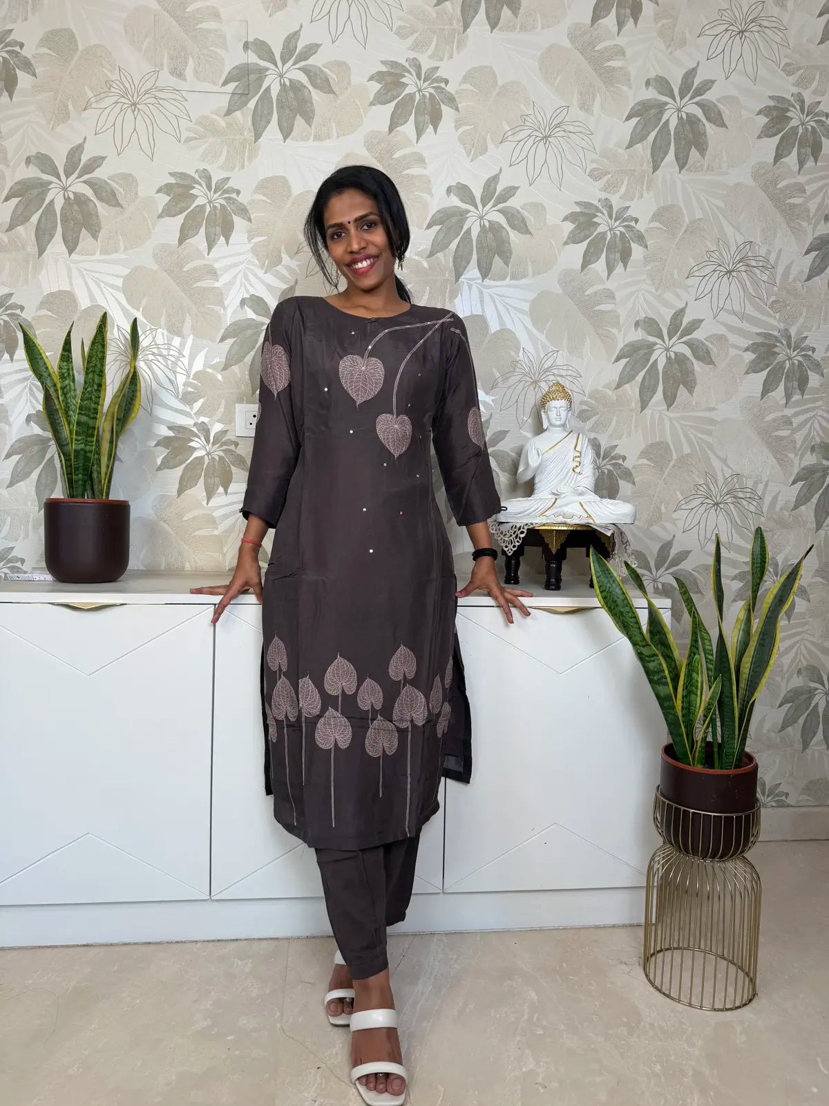 Brown Digital Print Salwar Set with Leaf Pattern