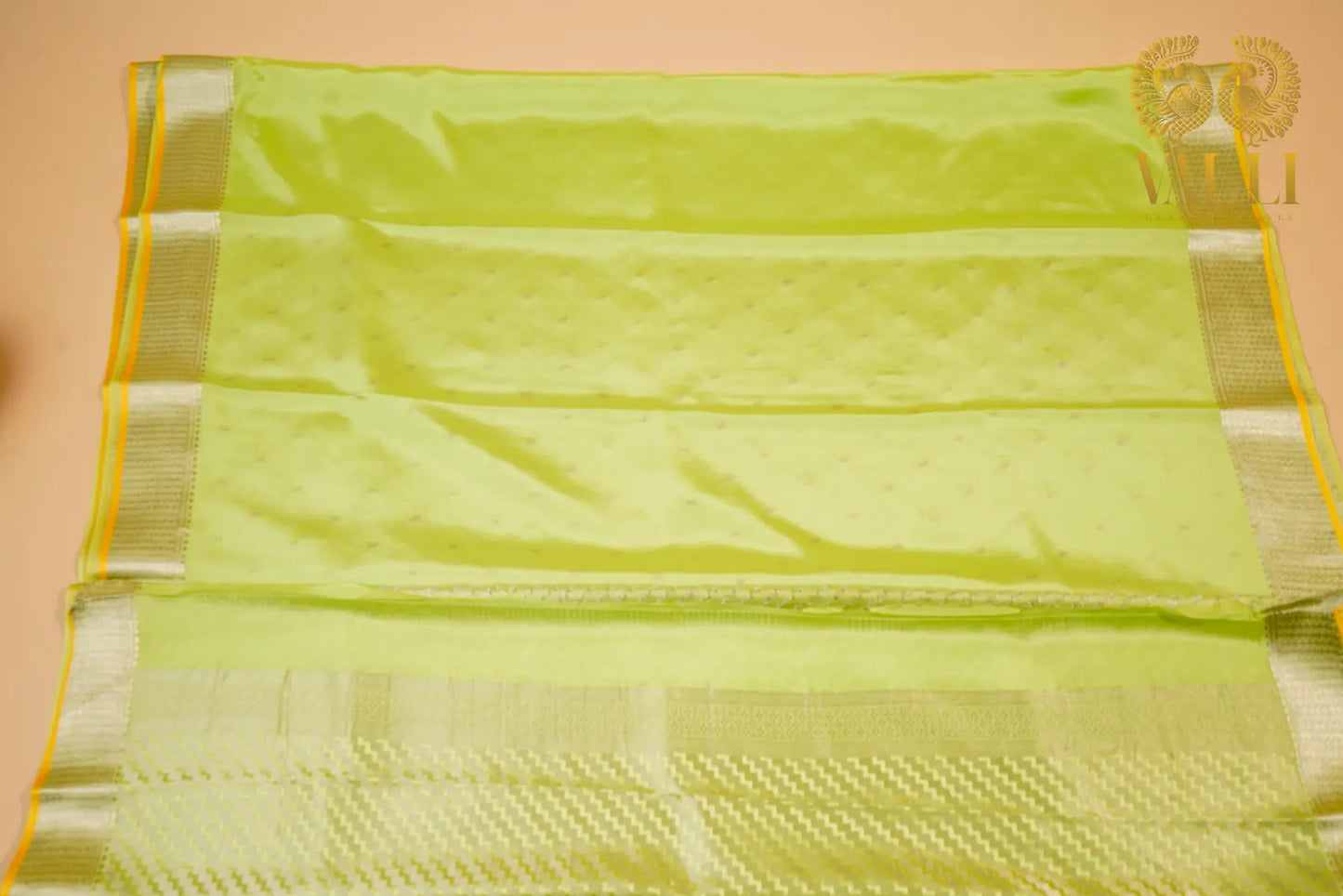 Lime Green Banarasi Crepe Silk Saree with Yellow Selvage