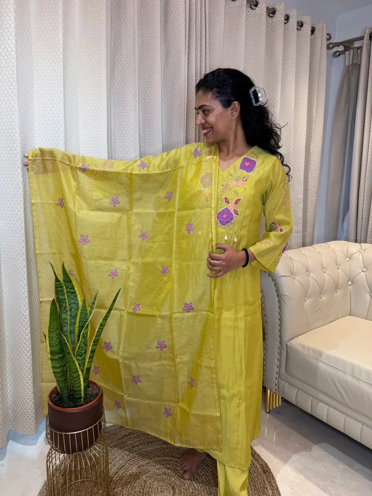 Lemon green salwar set with pearl work v neck. A LINE SALWAR
