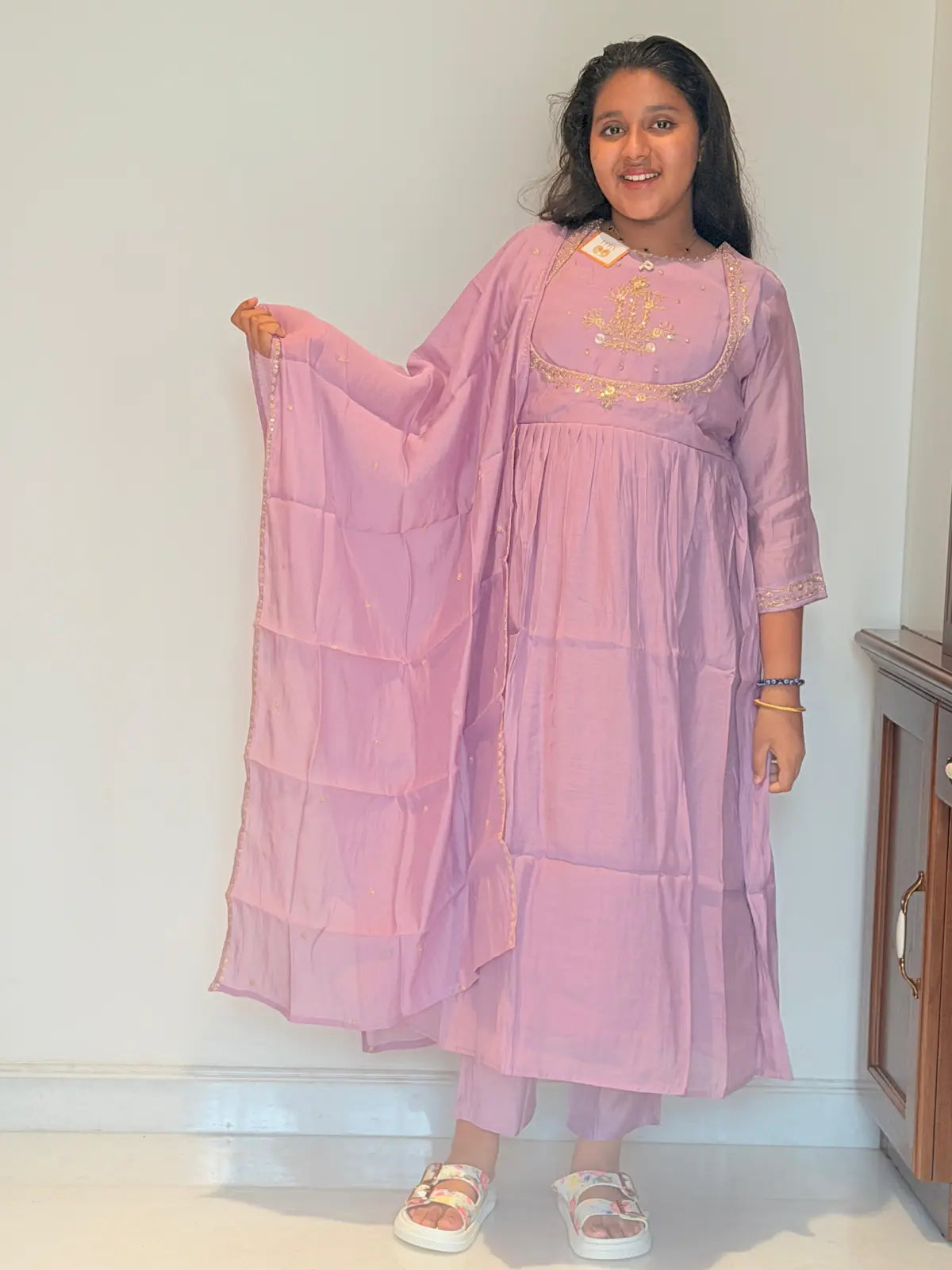 Lilac mul Chanderi salwar set with organza dupatta