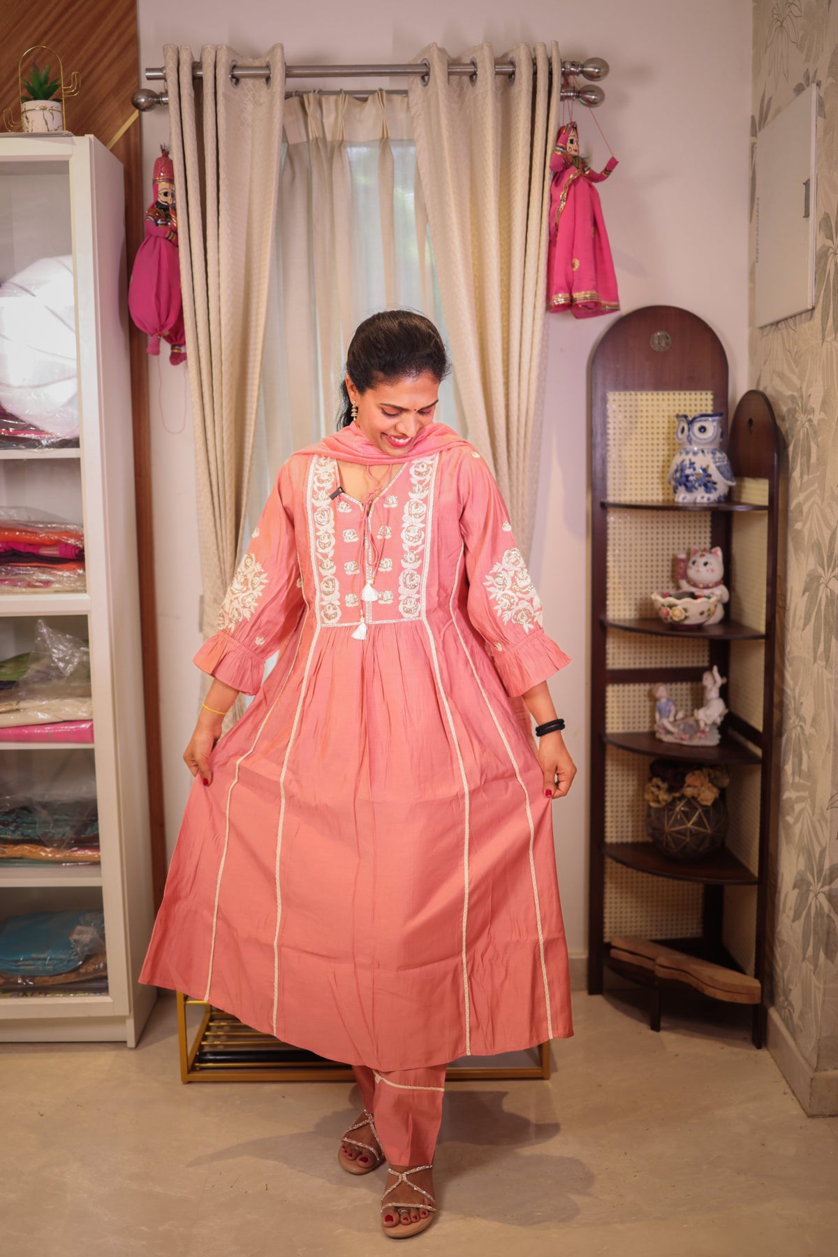 Peach Pink A-Line Salwar Set with Neck Embroidery