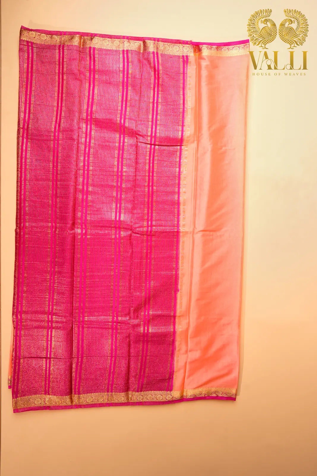 Peach Semi-Crepe Saree with Pink Contrast Border & Pallu