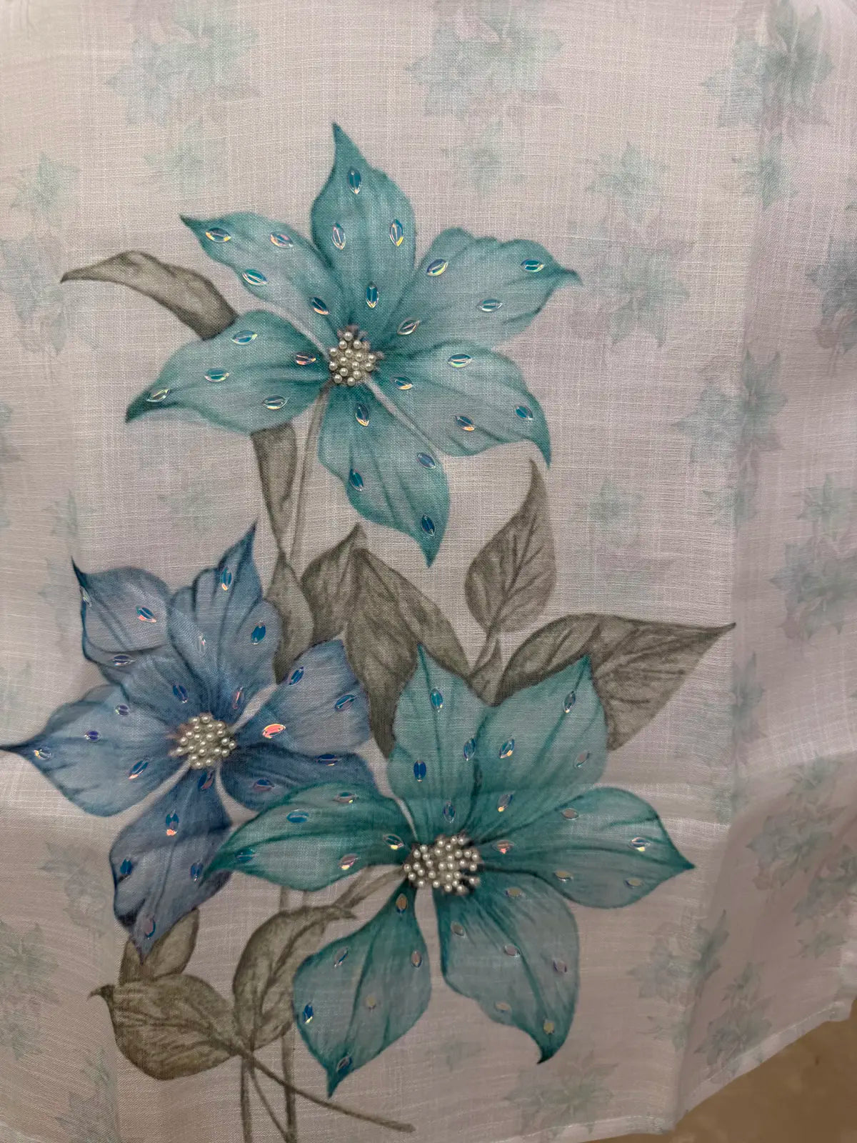 White Linen Salwar Set with Blue-Green Floral Digital Print