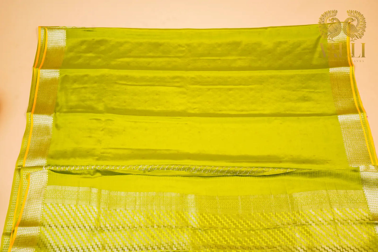 Lemon Green Banarasi Crepe Silk Saree with Yellow Selvage