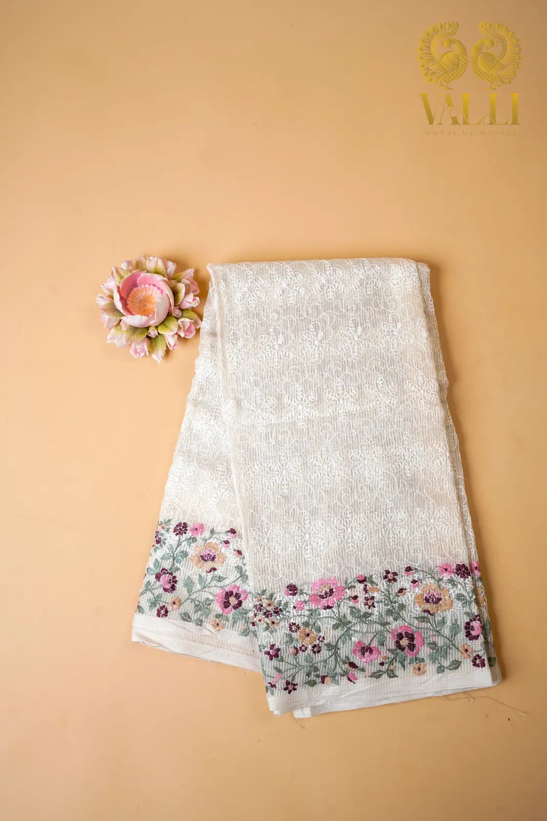 Off-White Kota Cotton Saree with Chikankari & Multicolour Floral Border Embroidery