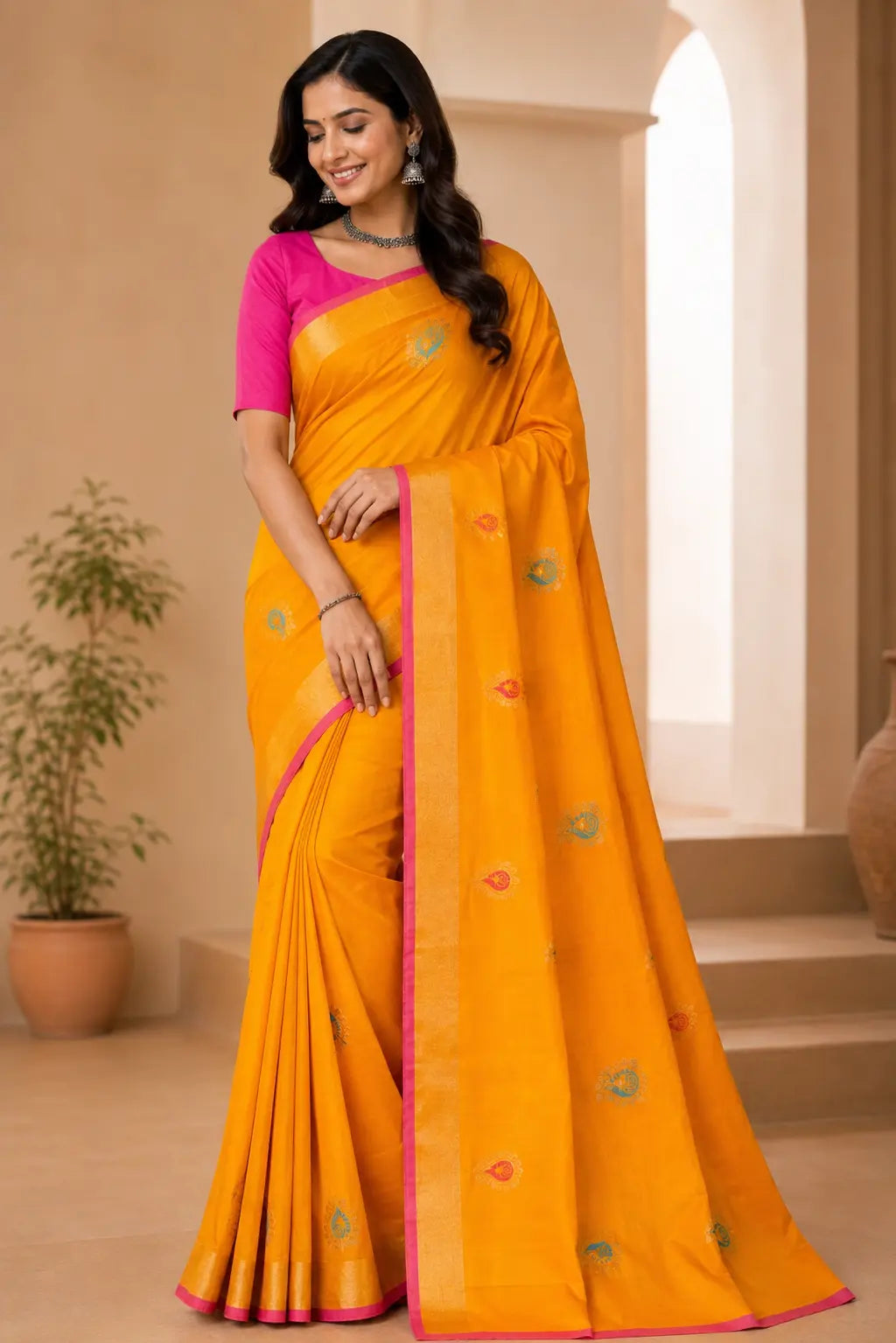 Motif Soft Silk Saree – Mustard Yellow with Contrast Pallu & Pink Blouse