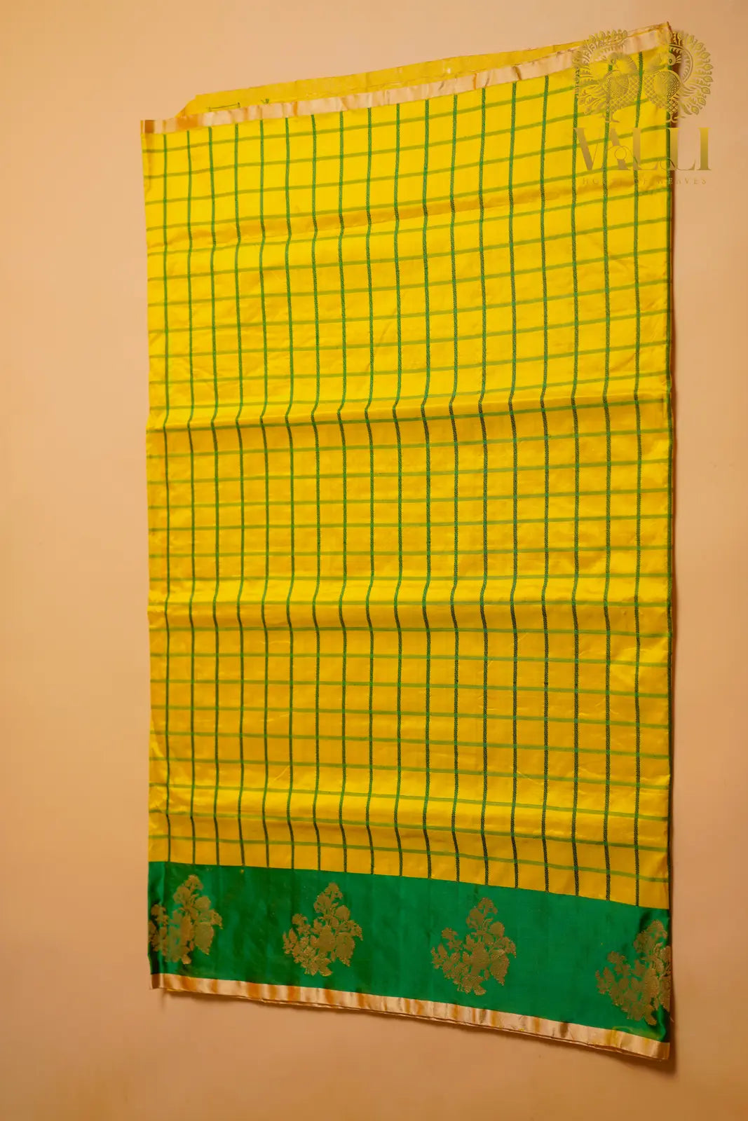 Pure Katan Banarasi Silk Saree with Kanchipuram Checks Pattern yellow