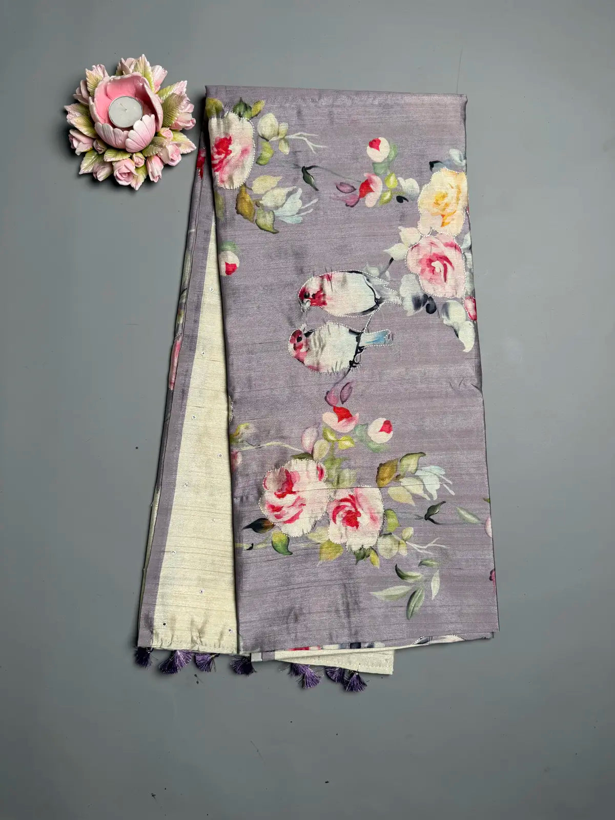 Lavender Bird Print Saree with Mirror Work & Temple Border