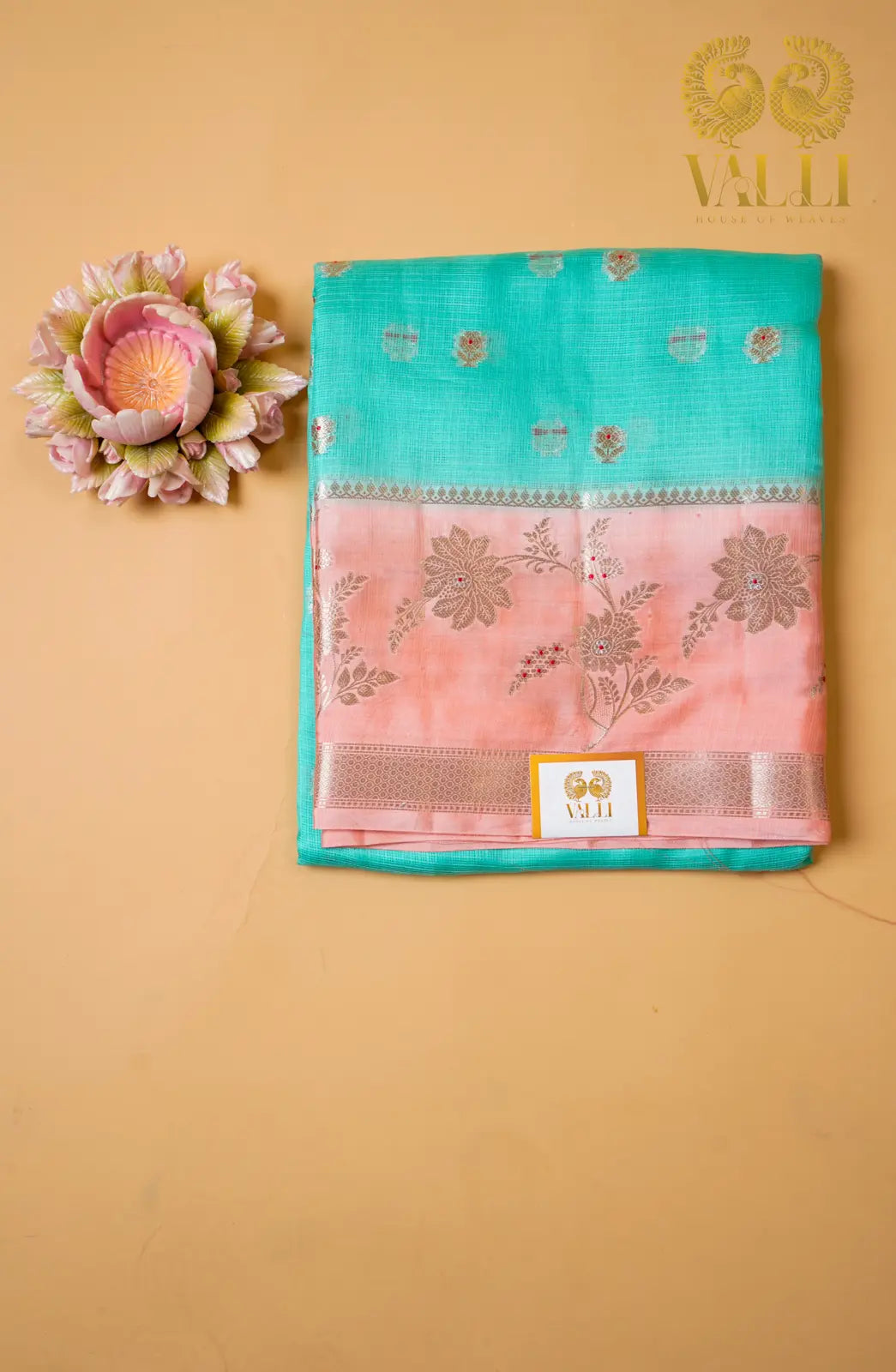 Sea Green Kota Saree with Raw Mango Border & Peach Brocade Blouse