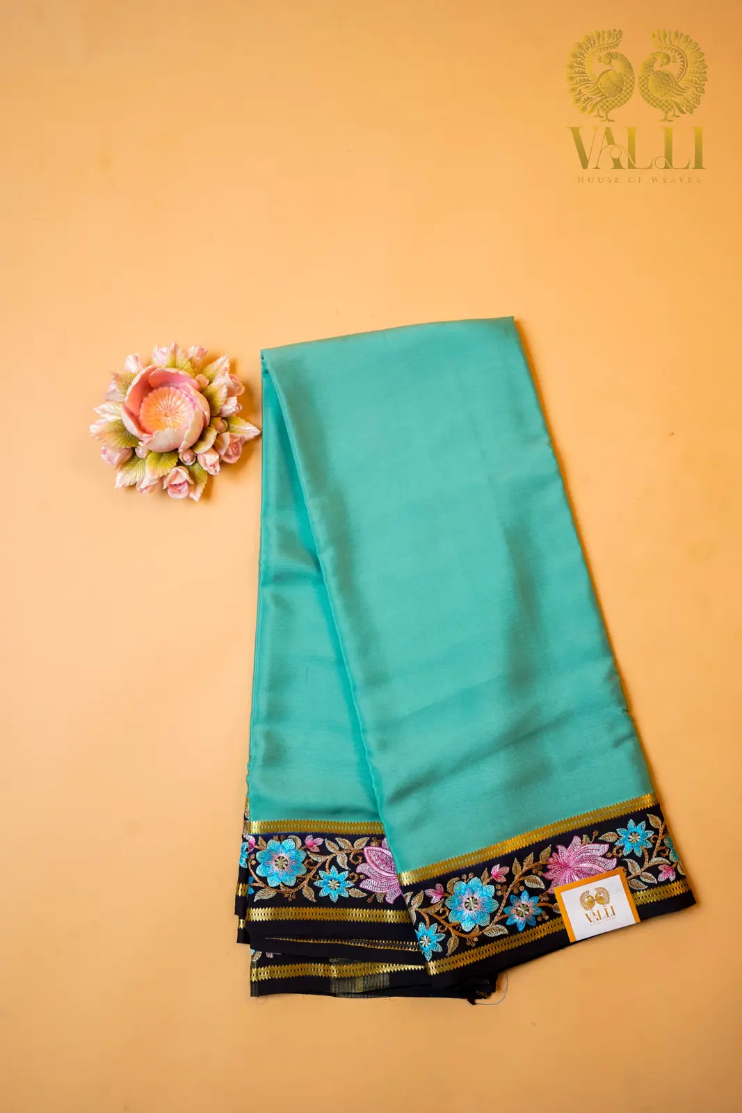 Sea Green Pure Crepe Silk Saree with Contrast Embroidered Border