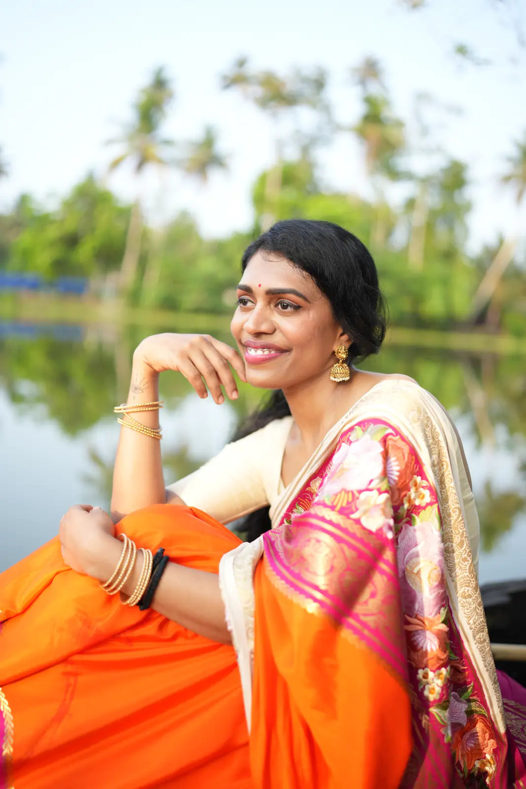 Pure Crepe Mysore Silk Saree with Embroidery & Contrast Pink Pallu