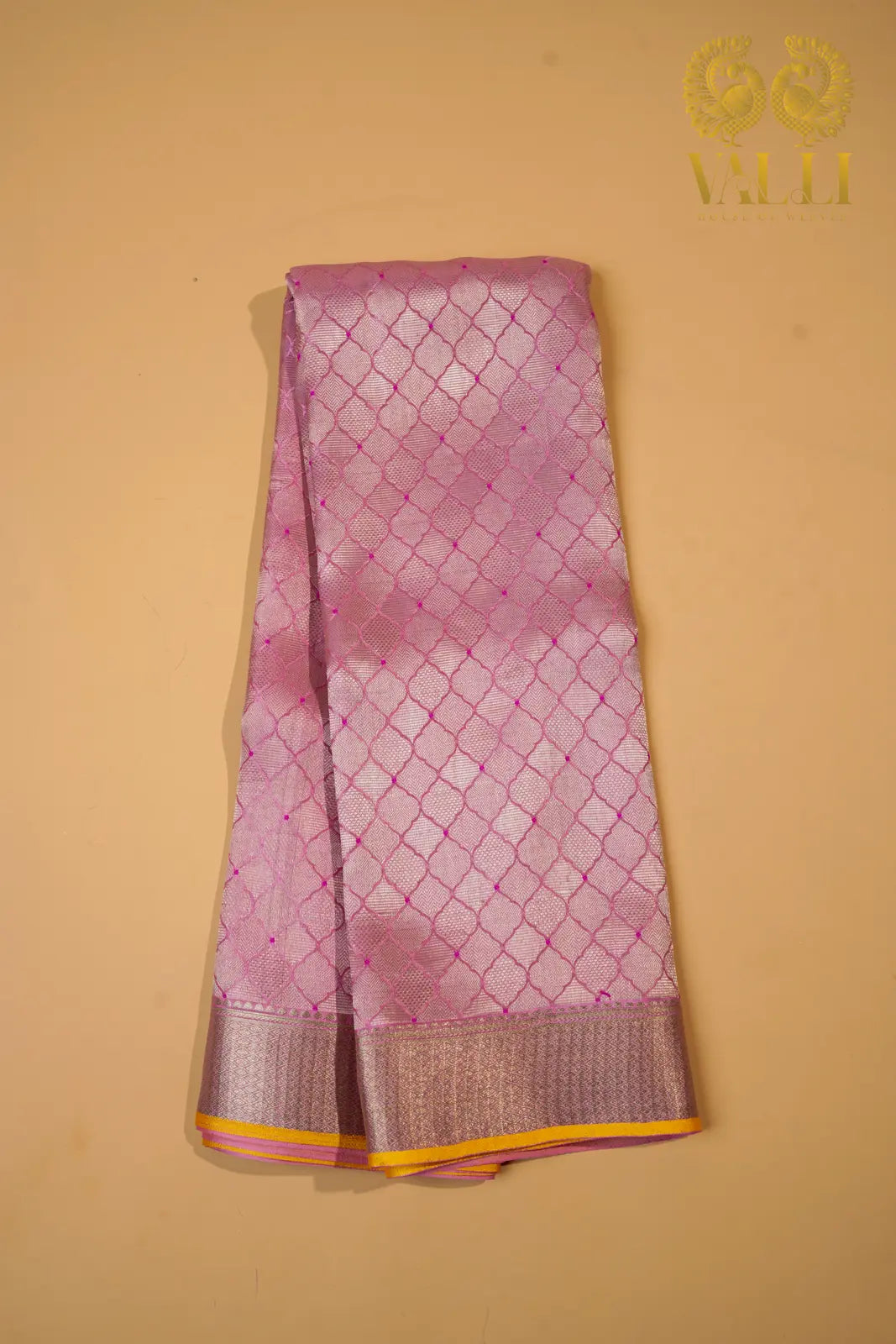 Baby Pink Banarasi Crepe Silk Saree with Yellow Selvage