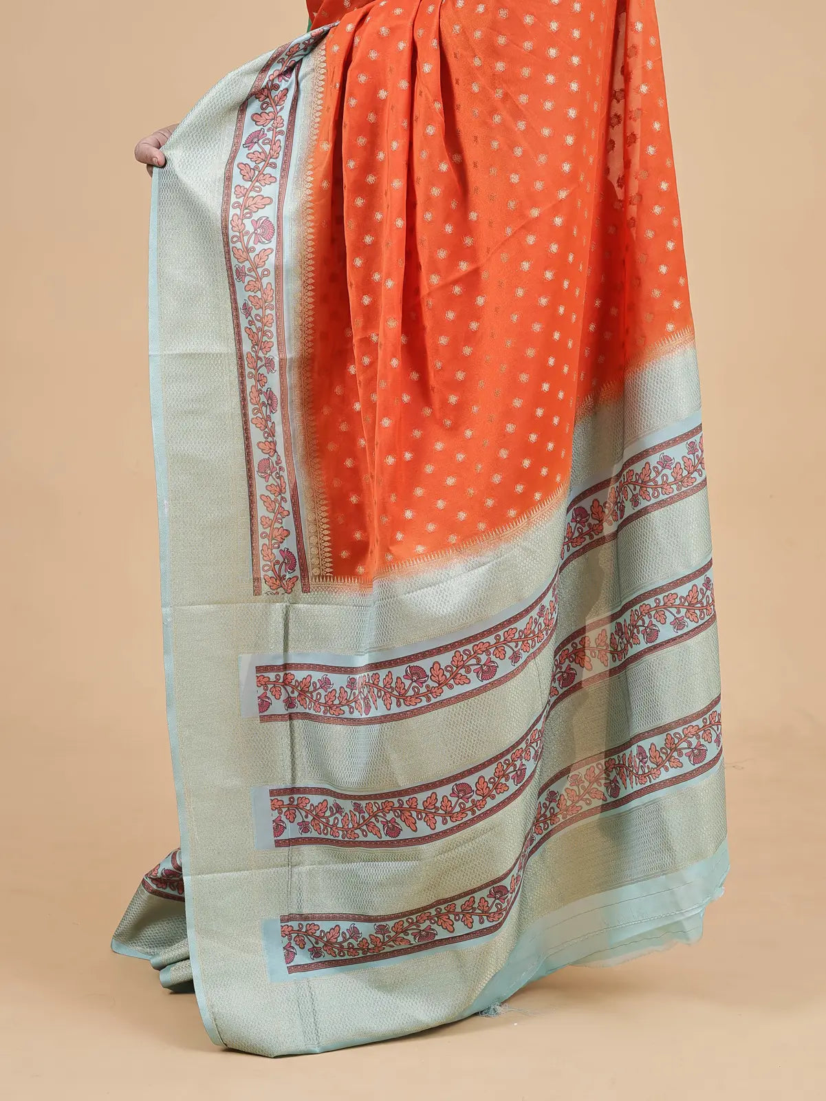 Soft Silk Saree – Orange with Gold Butta & Sea Green Kalamkari Border