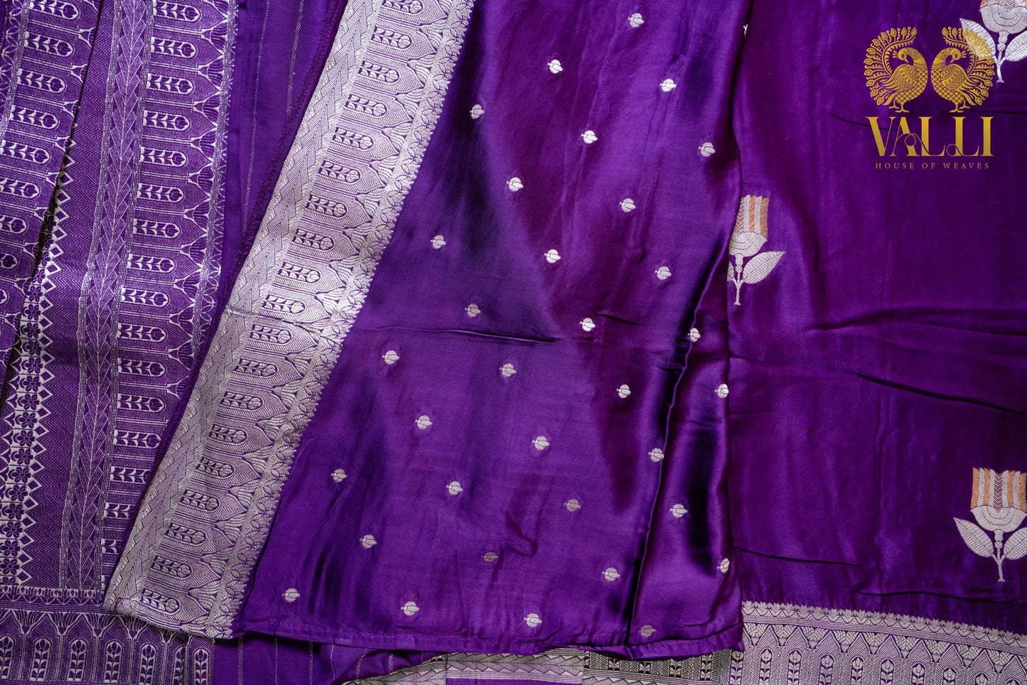 Satin Banarasi Saree – Rich Purple with Zari Flower Motif & Heavy Brocade Pallu