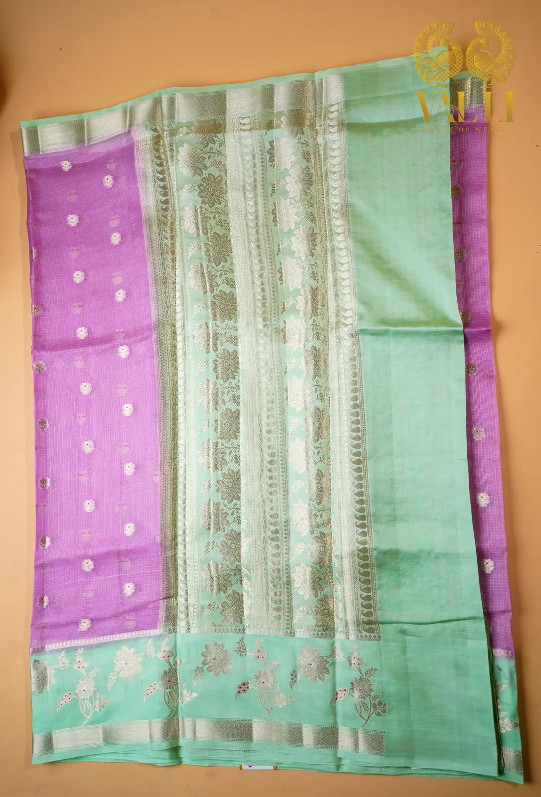Lavender Kota Cotton Saree with Raw Mango Border & Pallu