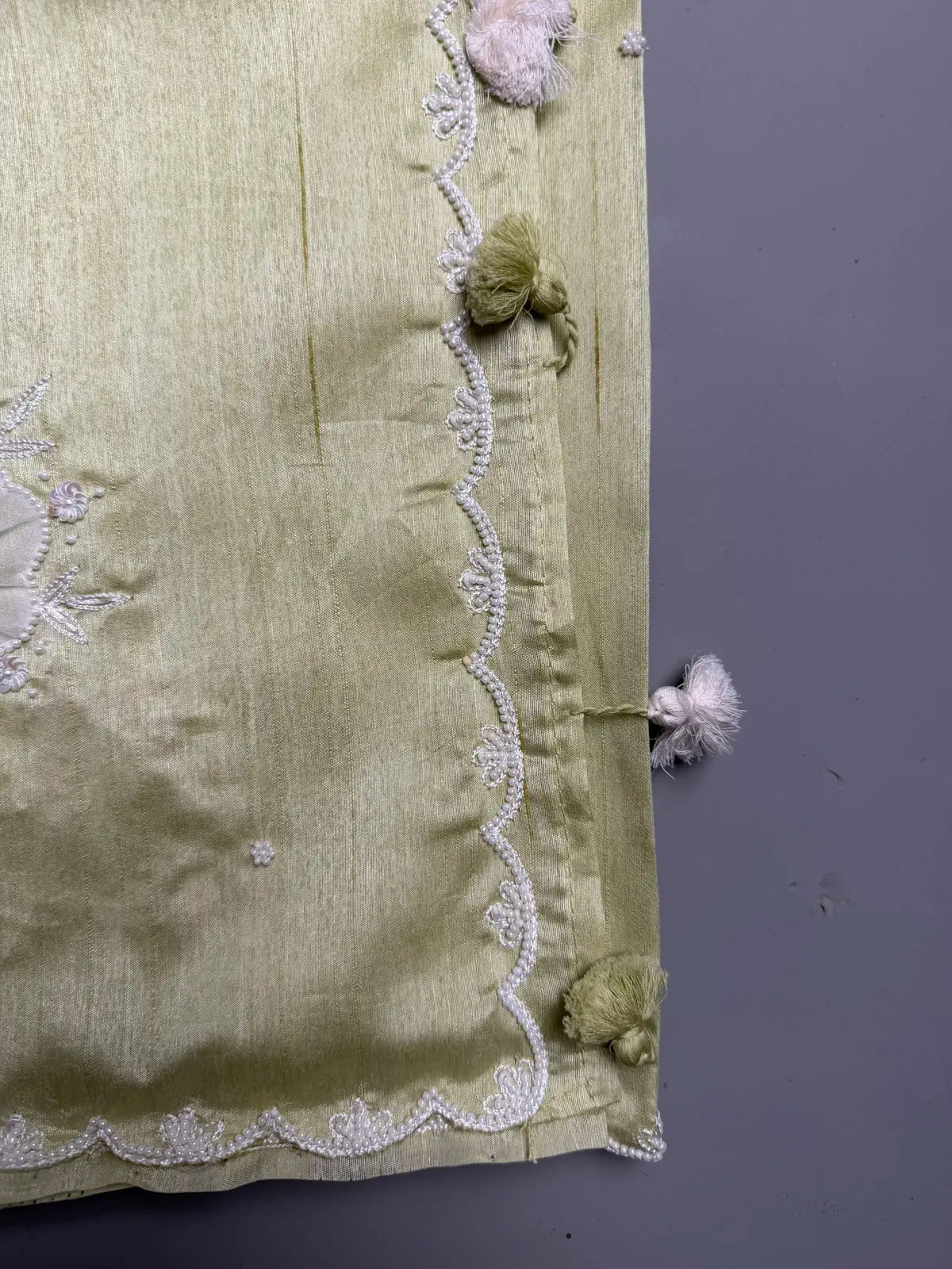 Green Apple Tussar Silk Saree with Appliqué Lace & Pearl Scallop Detailing
