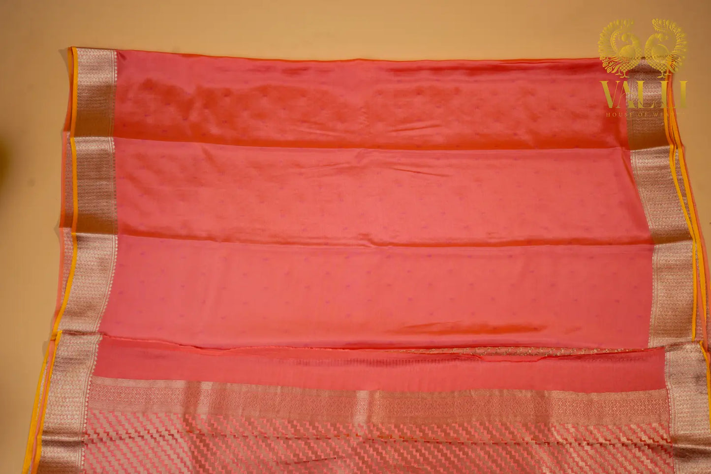 Peach Banarasi Crepe Silk Saree with Yellow Selvage