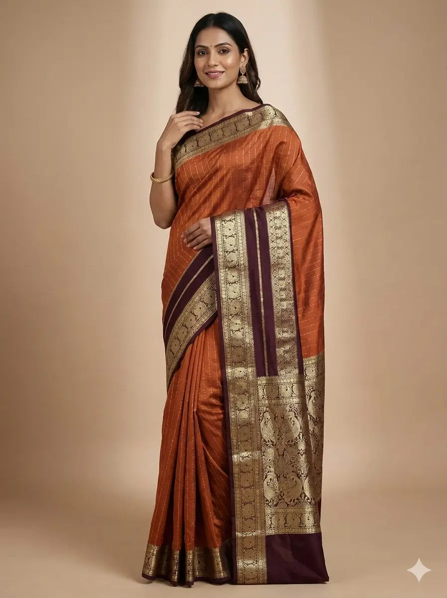 Annam Pure Crepe Silk Saree – Rust Orange