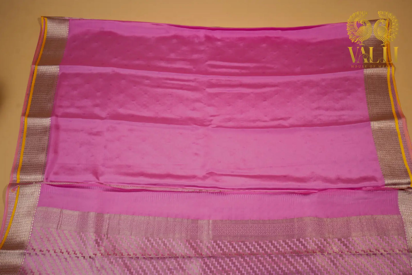 Baby Pink Banarasi Crepe Silk Saree with Yellow Selvage