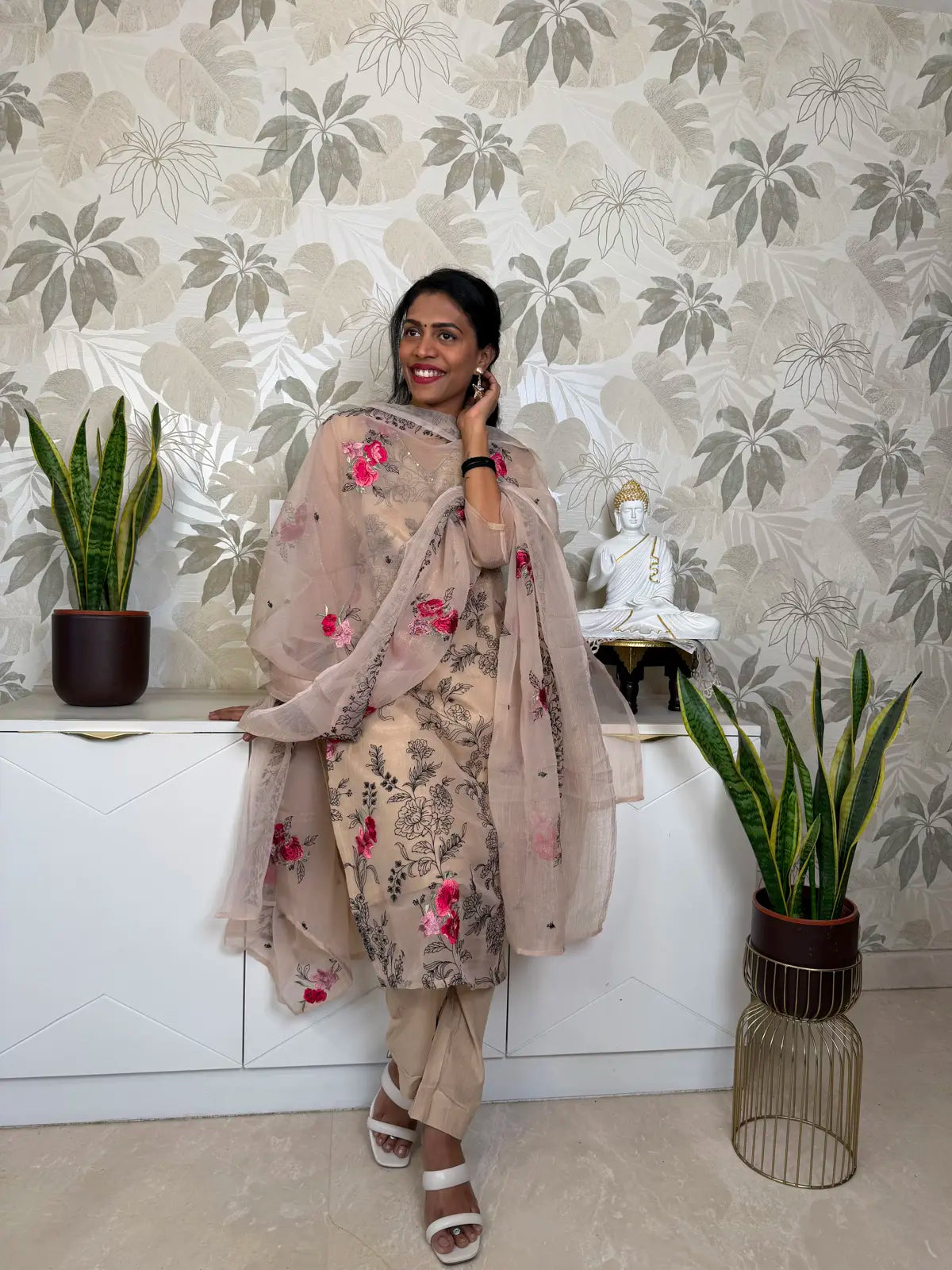 Beige Organza Salwar Set with Floral Embroider