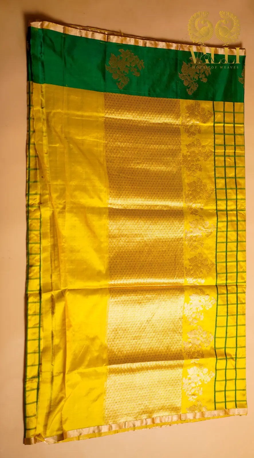 Pure Katan Banarasi Silk Saree with Kanchipuram Checks Pattern yellow 