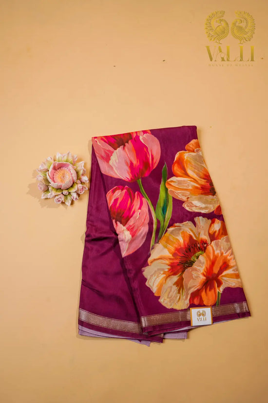 Pushpavalli Saree – Purple Cotton Viscose with Bold Floral Digital Print