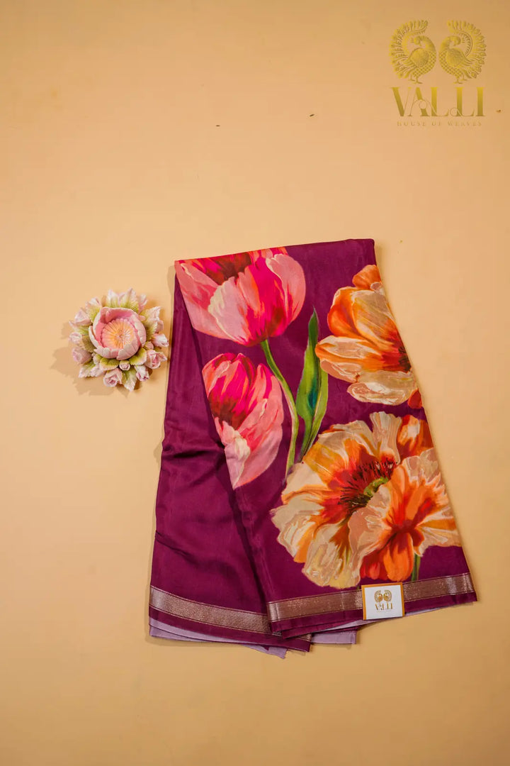 Pushpavalli Saree – Purple Cotton Viscose with Bold Floral Digital Print