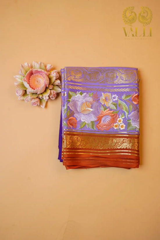 Pure Mysore Crepe Silk Saree – Royal Purple with lilac Bentex Embroidery Border