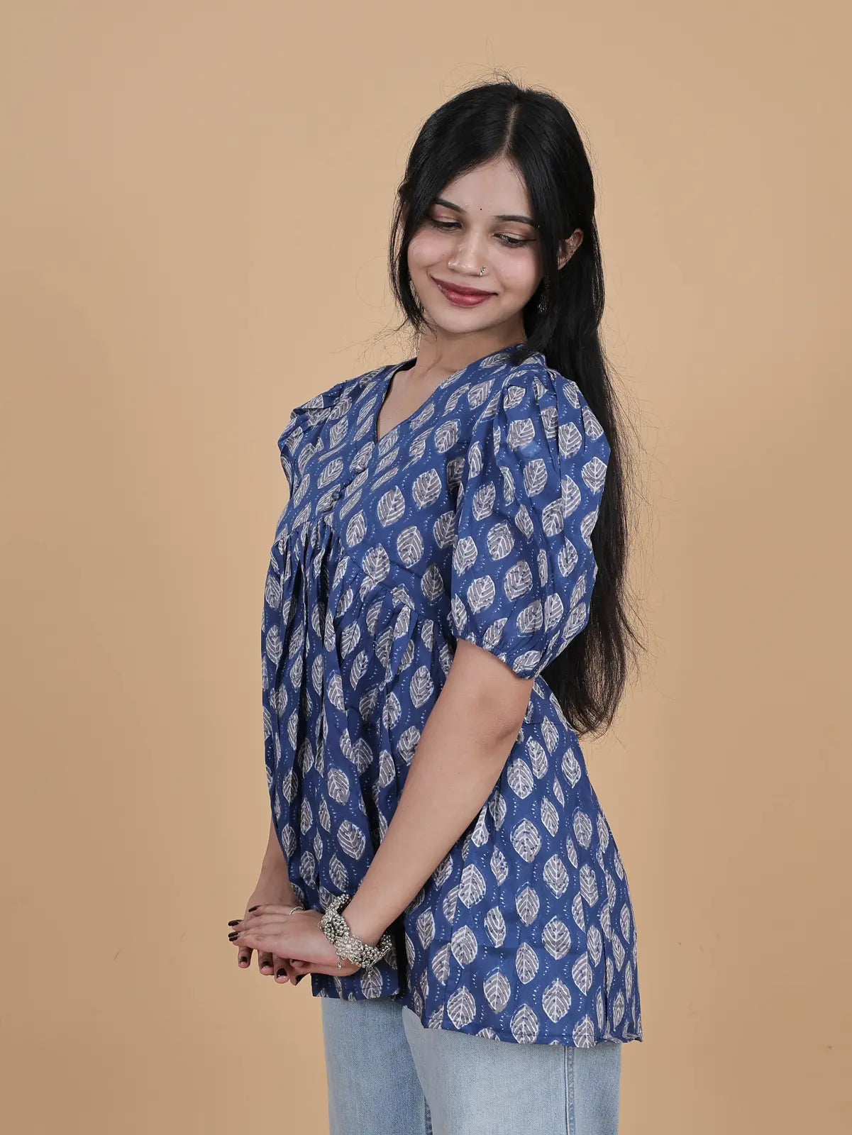 Short top, Kurti blue block print