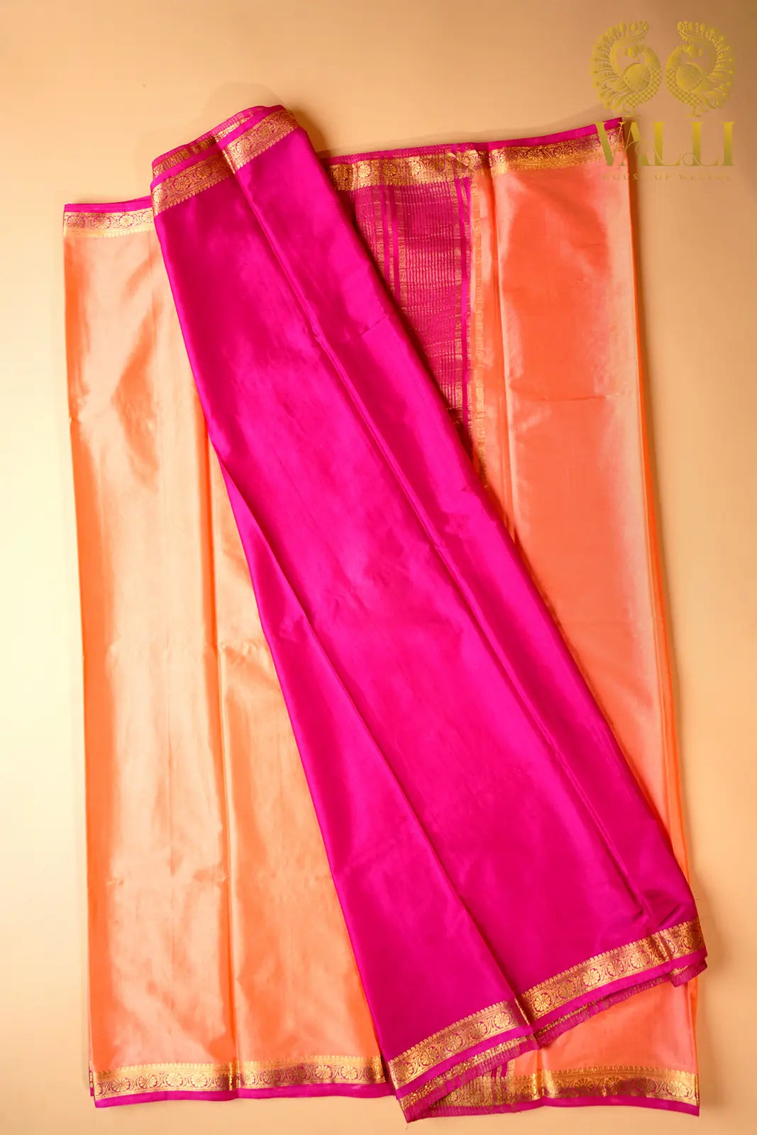 Peach Semi-Crepe Saree with Pink Contrast Border & Pallu