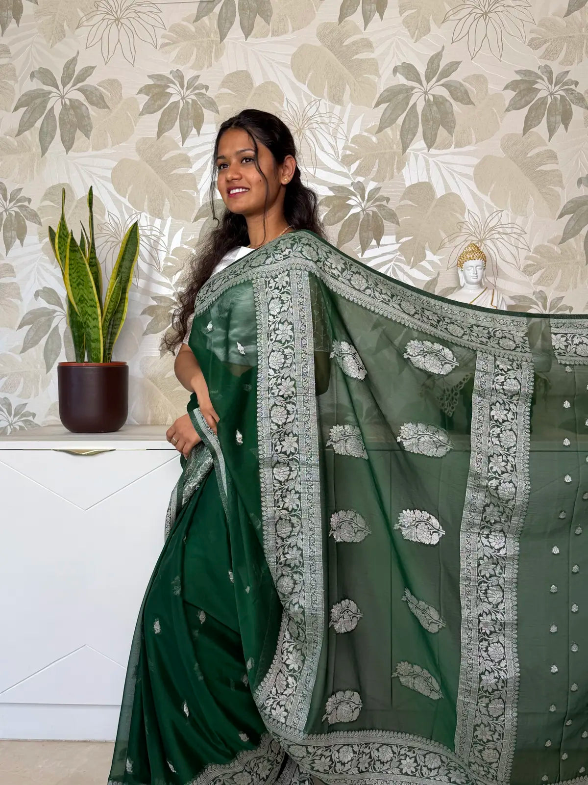 Green Chiffon Saree with Elegant Silver Zari Border