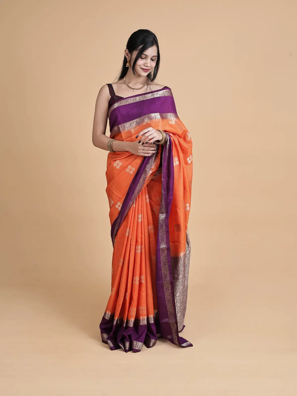 Dual-Tone Pure Silk Saree – Royal Purple & Vibrant Orange Grace meets grandeur