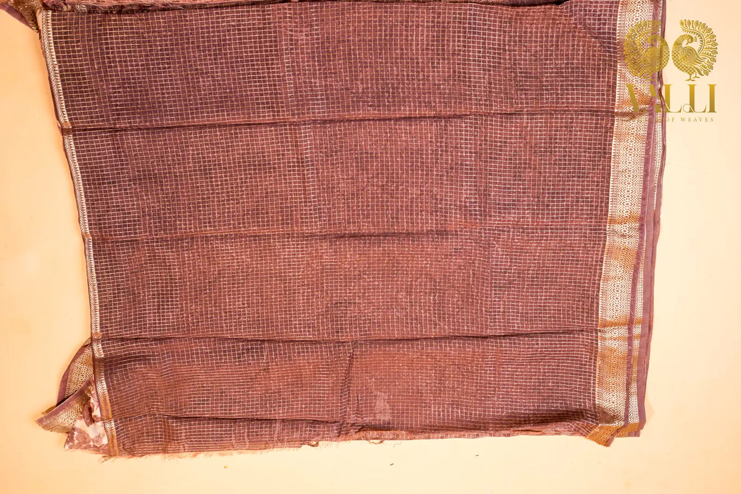 Cotton Zig Zag Saree – Brown Viscose Cotton with Zari Checks & Floral Border
