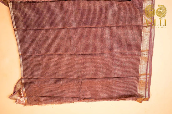 Cotton Zig Zag Saree – Brown Viscose Cotton with Zari Checks & Floral Border