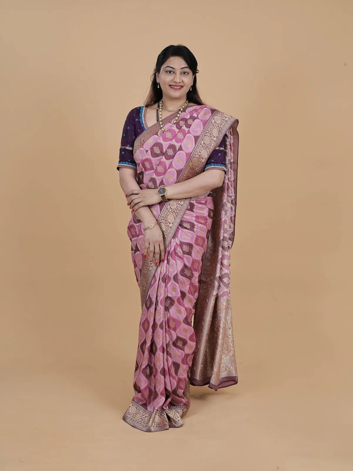 Satin Crepe Silk Saree – Ranghat Pattern (Plum & Pink)