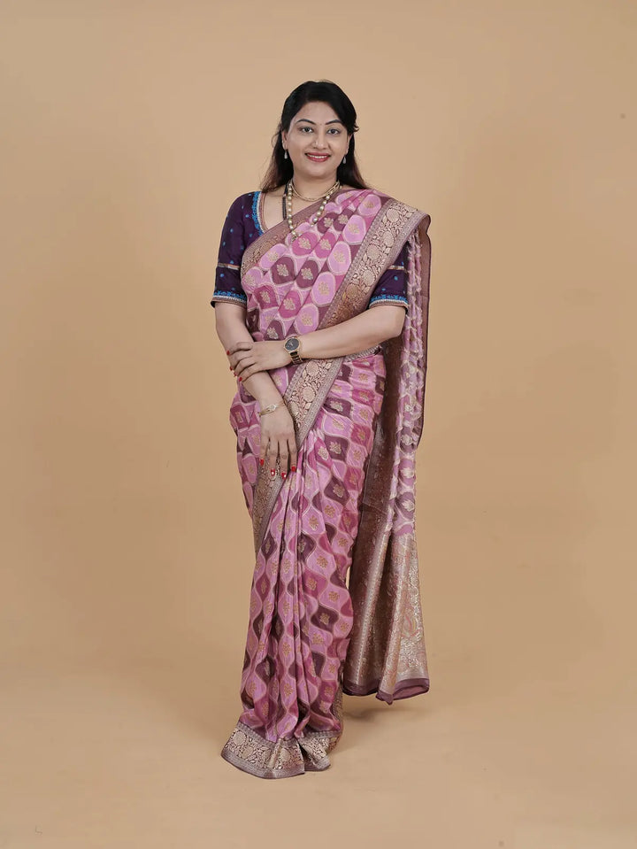 Satin Crepe Silk Saree – Ranghat Pattern (Plum & Pink)