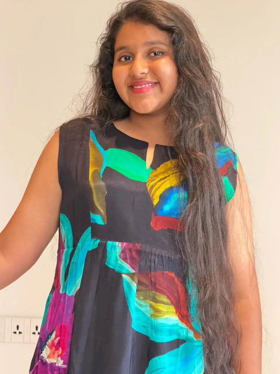 Multicolour floral print dress with attached sleeves and A LINE pattern dress