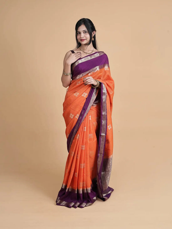 Dual-Tone Pure Silk Saree – Royal Purple & Vibrant Orange Grace meets grandeur