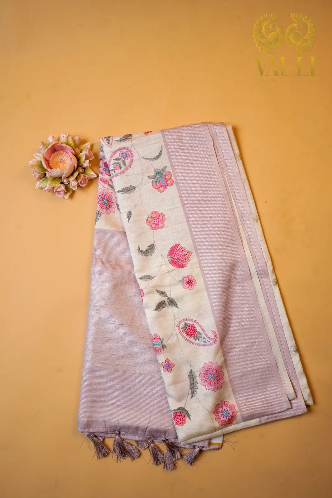   Ivory & Pastel Pink Tussar Silk Saree with Floral Digital Print & Zari Border